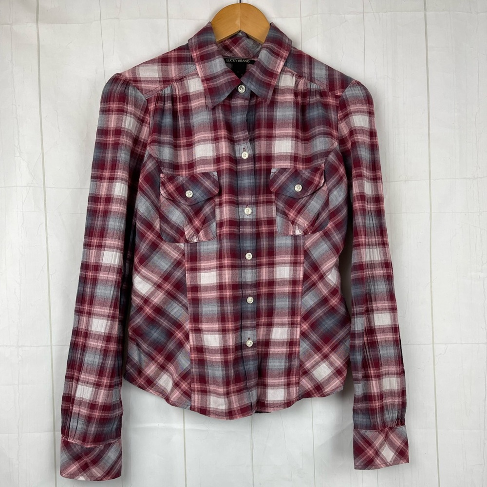 Lucky Brand Red Plaid Button Down Shirt Size S